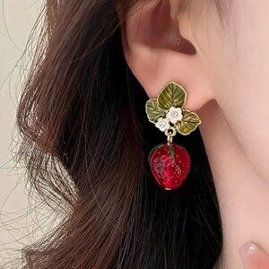 NEW Strawberry Glass Bead and Enamel Fruit Drop Earrings Pierced